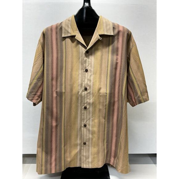 TOMMY BAHAMA MENS MEDIUM BROWN GOLD RED STRIPED 100% SILK‎ SHORT SLEEVE BUTTON - Picture 1 of 10